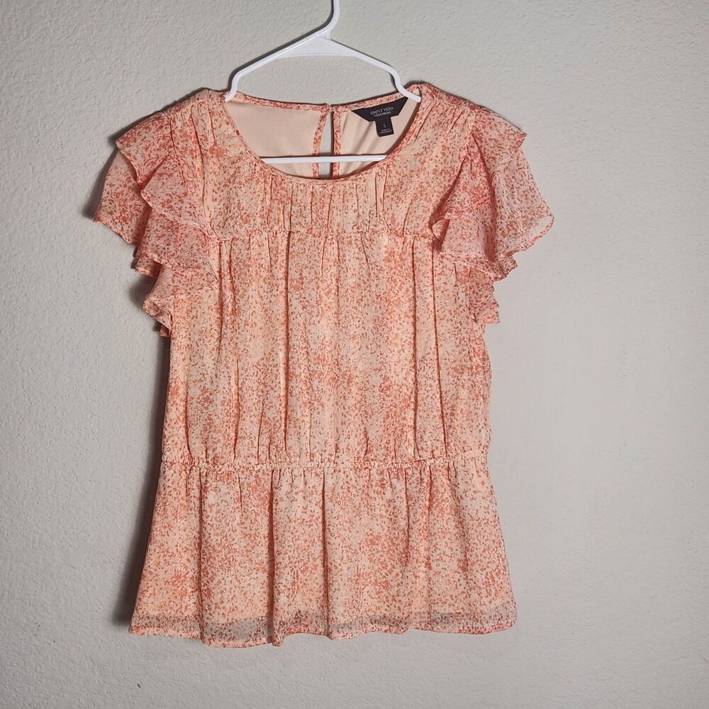 Simply Vera Vera Wang Womens S Pink White Speckled Ruffle Flutter Peplum Blouse